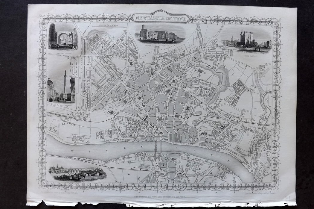 Tallis, John (Pub) 1851 Antique Map. Newcastle on Tyne City Plan England: Steel Engraved Map Published 1851 by John Tallis, London for "Index-Gazetteer of the World..." First Edition Edited by Robert Montgomery Martin. Drawn & Engraved by John Rapkin. Rare. Paper Size: 14.5