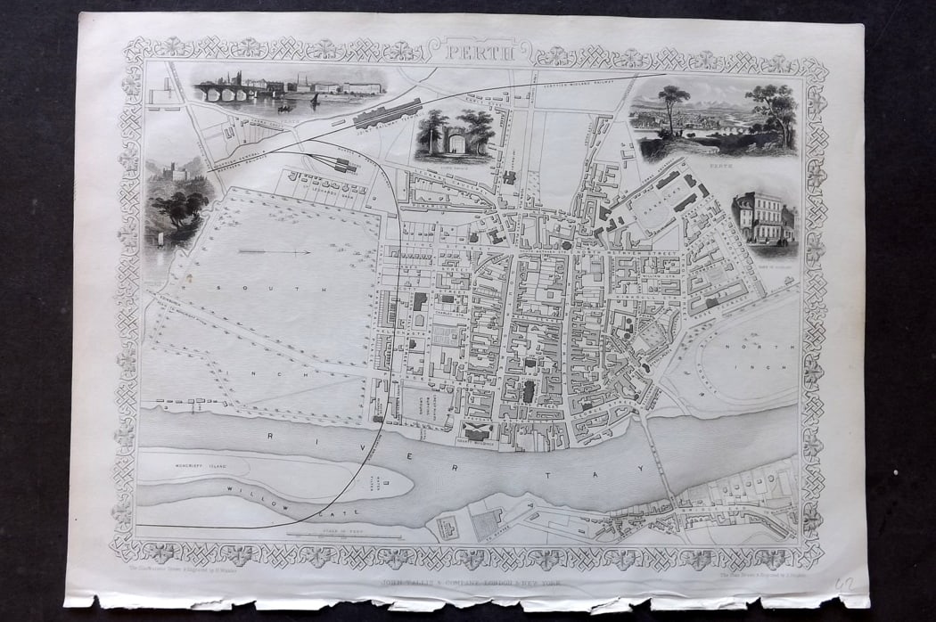 Tallis, John (Pub) 1851 Antique Map. Perth Scotland: Steel Engraved Map Published 1851 by John Tallis, London for "Index-Gazetteer of the World..." First Edition Edited by Robert Montgomery Martin. Drawn & Engraved by John Rapkin. Rare. Paper Size: 14.5