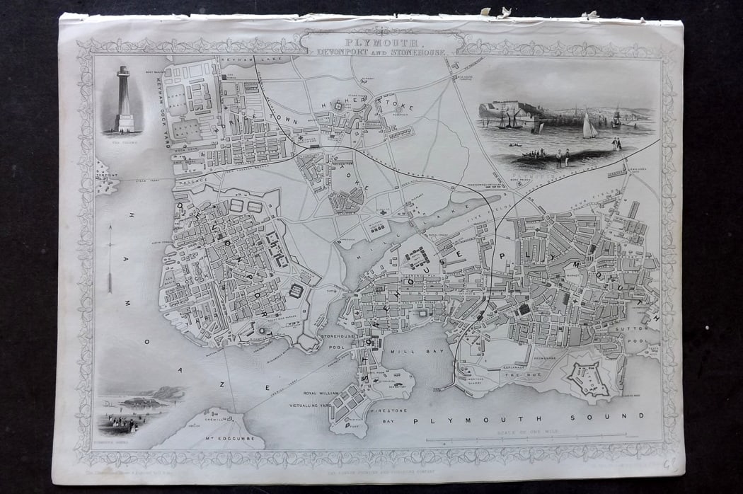 Tallis, John (Pub) 1851 Antique Map. Plymouth, Devonport and Stonehouse: Steel Engraved Map Published 1851 by John Tallis, London for "Index-Gazetteer of the World..." First Edition Edited by Robert Montgomery Martin. Drawn & Engraved by John Rapkin. Rare. Paper Size: 14.5