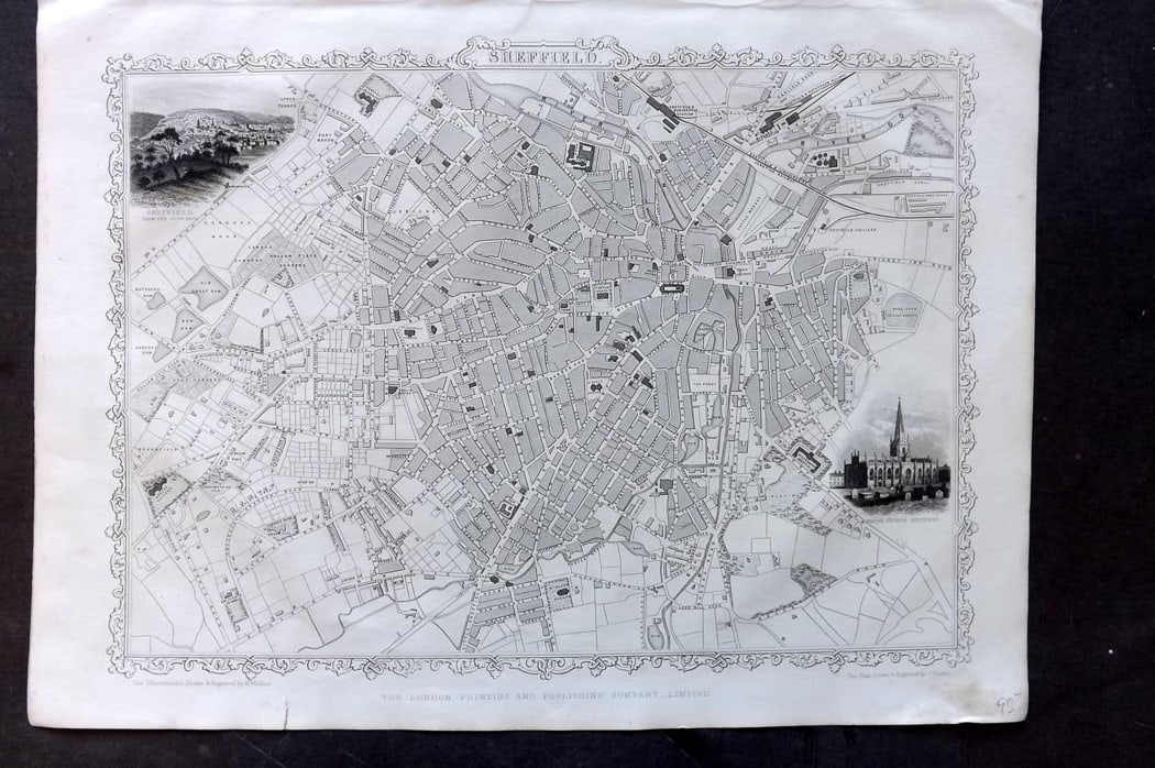 Tallis, John (Pub) 1851 Antique Map. Sheffield City Plan Yorkshire England: Steel Engraved Map Published 1851 by John Tallis, London for "Index-Gazetteer of the World..." First Edition Edited by Robert Montgomery Martin. Drawn & Engraved by John Rapkin. Rare. Paper Size: 14.5