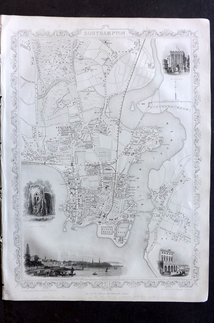 Tallis, John (Pub) 1851 Antique Map. Southampton City Plan Hampshire England: Steel Engraved Map Published 1851 by John Tallis, London for "Index-Gazetteer of the World..." First Edition Edited by Robert Montgomery Martin. Drawn & Engraved by John Rapkin. Rare. Paper Size: 14.5