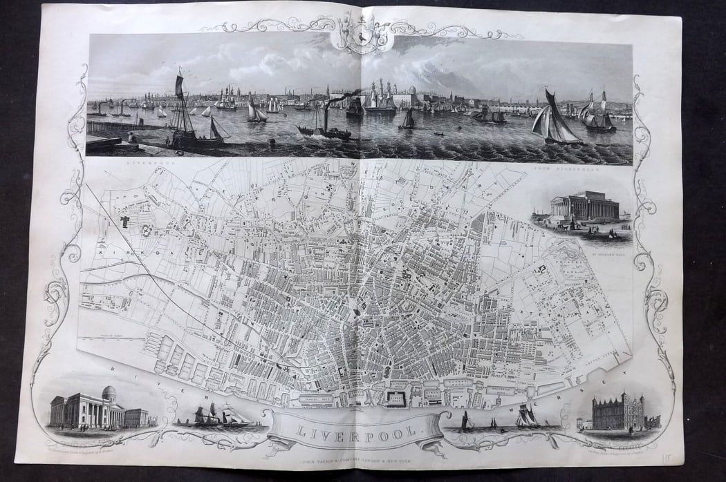 Tallis, John (Pub) 1851 LG Antique Map. Liverpool City Plan. England: Steel Engraved Map Published 1851 by John Tallis, London for "Index-Gazetteer of the World..." First Edition Edited by Robert Montgomery Martin. Drawn & Engraved by John Rapkin. Rare. Paper Size: 20.5