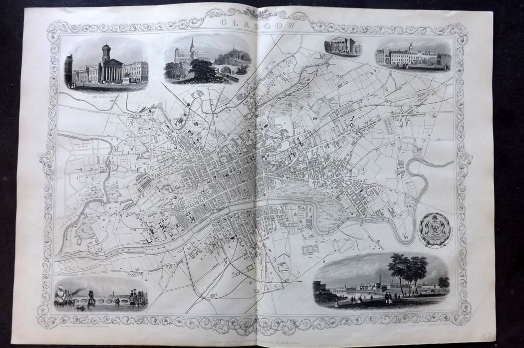 Tallis, John (Pub) 1851 LG Antique Map. Glasgow City Plan. Scotland: Steel Engraved Map Published 1851 by John Tallis, London for "Index-Gazetteer of the World..." First Edition Edited by Robert Montgomery Martin. Drawn & Engraved by John Rapkin. Rare. Paper Size: 20.5
