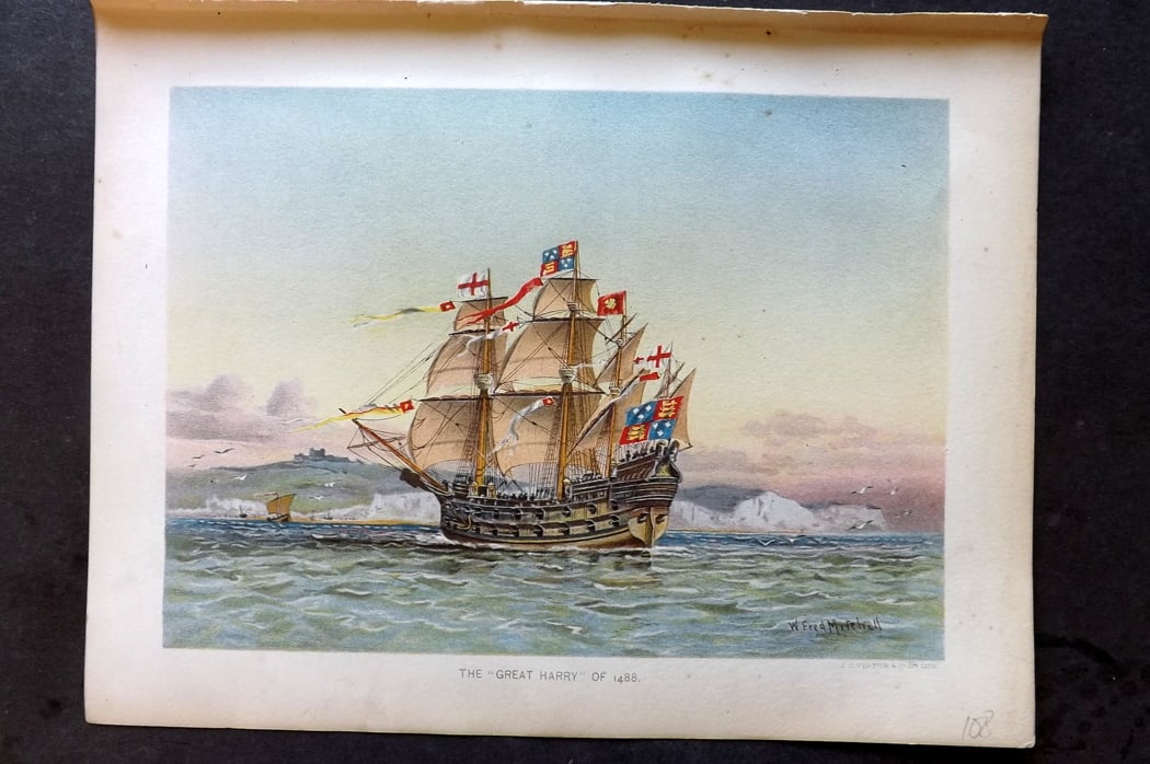 H.M. Navy 1893 Antique Ship Print. The Great Harry of 1488: Chromolithograph Published 1889-1893 by J.S.Virtue & Co., London for "Her Majesty's Navy" By Lt. Charles Rathbone Low. Illustrated by W. Christian Symons and W. Fred Mitchell. Paper Size: 10.5 x 8 inc