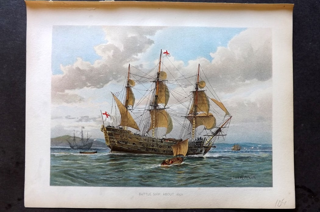 H.M. Navy 1893 Antique Ship Print. Battle Ship, about 1650: Chromolithograph Published 1889-1893 by J.S.Virtue & Co., London for "Her Majesty's Navy" By Lt. Charles Rathbone Low. Illustrated by W. Christian Symons and W. Fred Mitchell. Paper Size: 10.5 x 8 inc