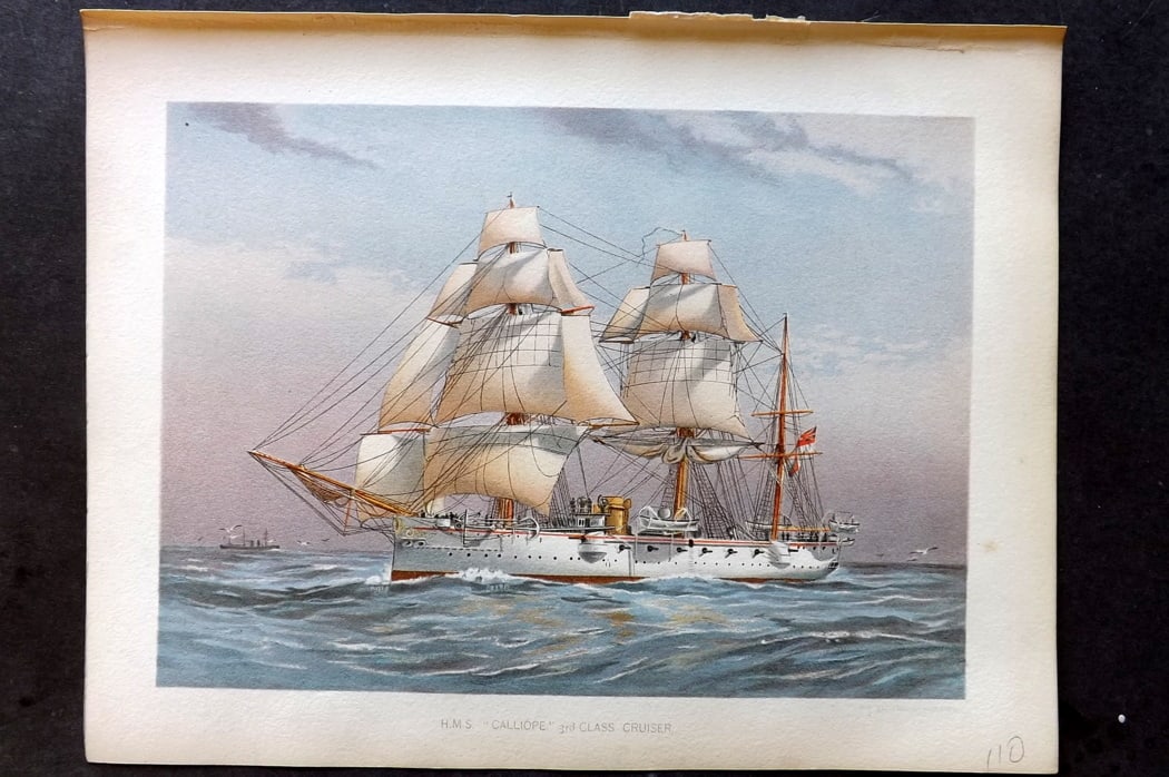 H.M. Navy 1893 Antique Ship Print. H. M. S. "Calliope" 3rd Class Cruiser: Chromolithograph Published 1889-1893 by J.S.Virtue & Co., London for "Her Majesty's Navy" By Lt. Charles Rathbone Low. Illustrated by W. Christian Symons and W. Fred Mitchell. Paper Size: 10.5 x 8 inc