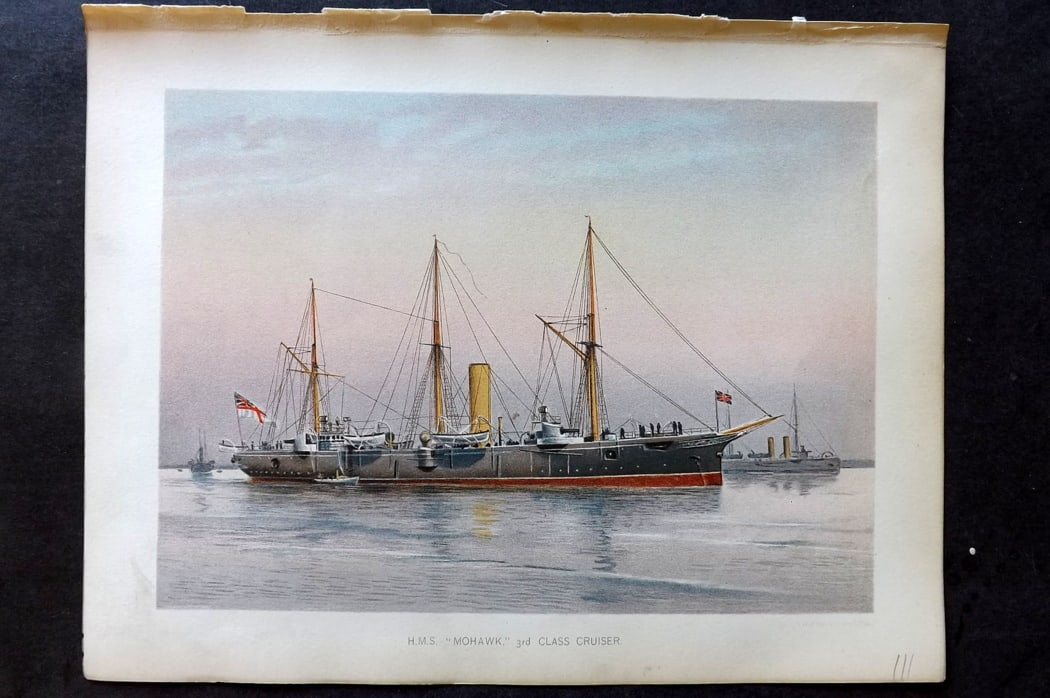 H.M. Navy 1893 Antique Ship Print. H. M. S. "Mohawk" 3rd Class Cruiser: Chromolithograph Published 1889-1893 by J.S.Virtue & Co., London for "Her Majesty's Navy" By Lt. Charles Rathbone Low. Illustrated by W. Christian Symons and W. Fred Mitchell. Paper Size: 10.5 x 8 inc