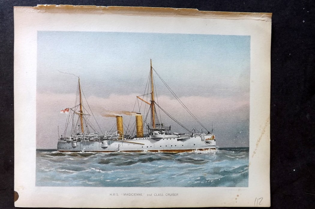 H.M. Navy 1893 Antique Ship Print. H. M. S. "Magicienne" 2nd Class Cruiser: Chromolithograph Published 1889-1893 by J.S.Virtue & Co., London for "Her Majesty's Navy" By Lt. Charles Rathbone Low. Illustrated by W. Christian Symons and W. Fred Mitchell. Paper Size: 10.5 x 8 inc
