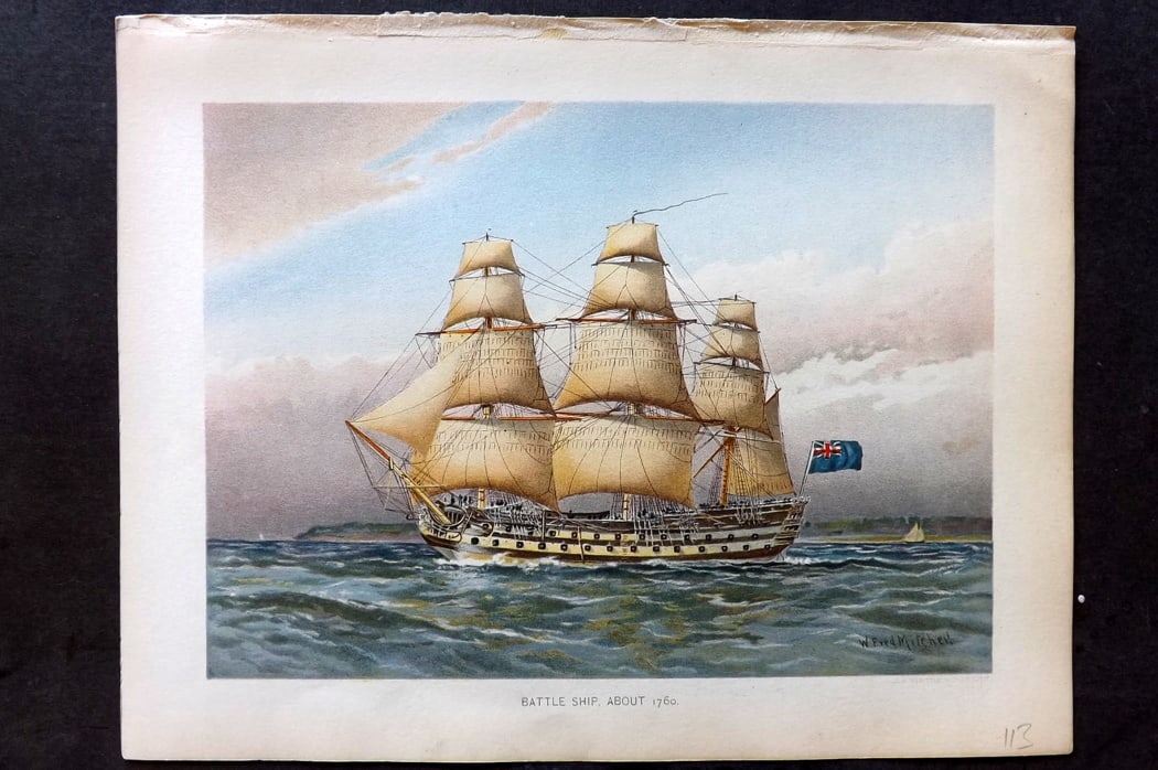 H.M. Navy 1893 Antique Ship Print. Battle Ship, about 1760: Chromolithograph Published 1889-1893 by J.S.Virtue & Co., London for "Her Majesty's Navy" By Lt. Charles Rathbone Low. Illustrated by W. Christian Symons and W. Fred Mitchell. Paper Size: 10.5 x 8 inc