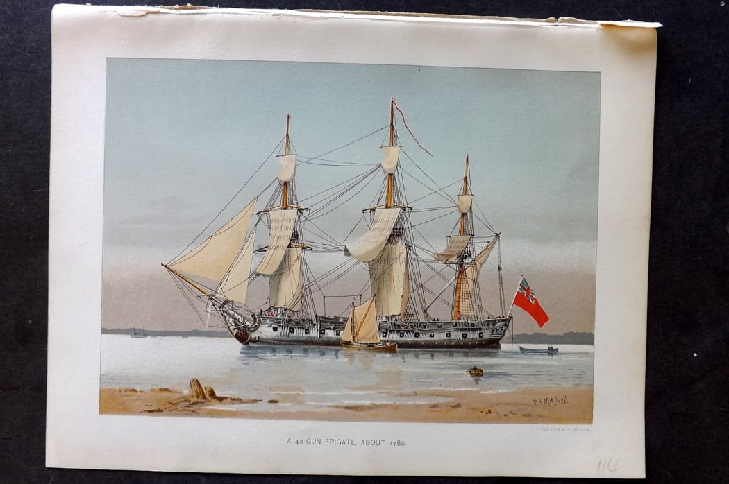 H.M. Navy 1893 Antique Ship Print. A 42 Gun Frigate about 1780: Chromolithograph Published 1889-1893 by J.S.Virtue & Co., London for "Her Majesty's Navy" By Lt. Charles Rathbone Low. Illustrated by W. Christian Symons and W. Fred Mitchell. Paper Size: 10.5 x 8 inc
