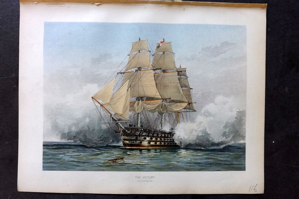 H.M. Navy 1893 Antique Ship Print. The Victory (Launched 1765): Chromolithograph Published 1889-1893 by J.S.Virtue & Co., London for "Her Majesty's Navy" By Lt. Charles Rathbone Low. Illustrated by W. Christian Symons and W. Fred Mitchell. Paper Size: 10.5 x 8 inc