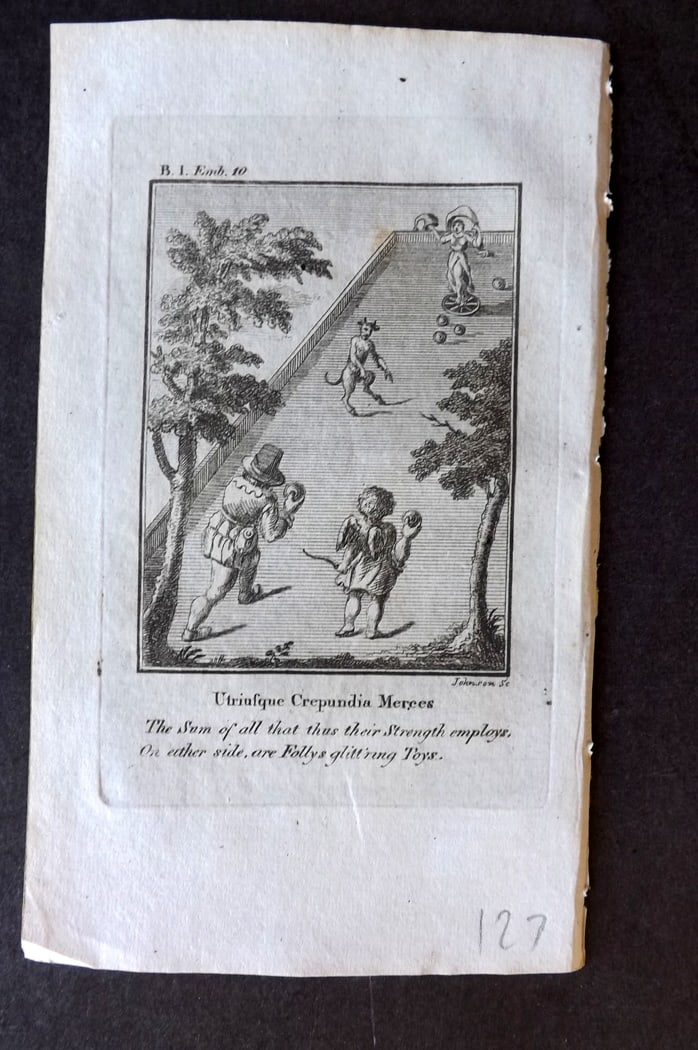 Quarles, Francis 1808 Emblem Print. Bowls with Satan Devil: Copper Plate Published 1808, London for "Emblems, Divine and Moral; Together with Hieroglyphics of the Life of Man" by Francis Quarles. Reverse side blank. Paper Size: 6 x 3.5 inch (16 x 9cm) Good Con