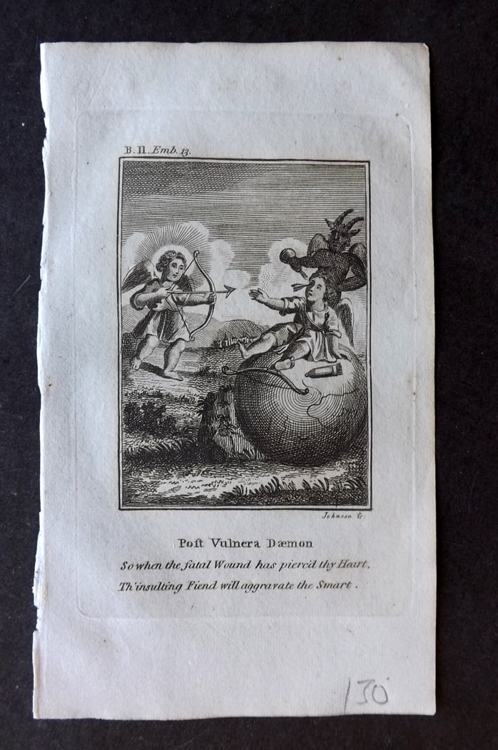 Quarles, Francis 1808 Emblem Print. Satan Devil, Globe, Archer: Copper Plate Published 1808, London for "Emblems, Divine and Moral; Together with Hieroglyphics of the Life of Man" by Francis Quarles. Reverse side blank. Paper Size: 6 x 3.5 inch (16 x 9cm) Good Con