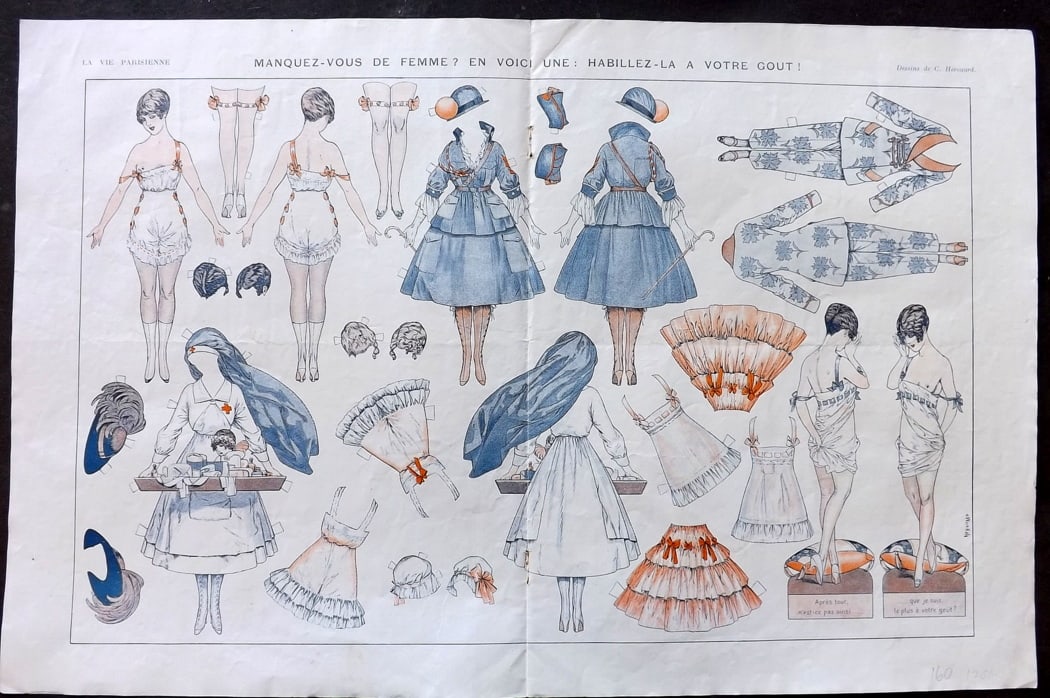 La Vie Parisienne 1916 Art Deco Double Print. Manquez-vous de Femme by Herouard: Lithographs Published 1863-1970, Paris for "La Vie Parisienne" Illustrated by Lissac, Barbier, Vallet, Valee, Prejelan, Herouard, Fournier, Kuhn-Regnier, Georges L?onnec and others. Verso text, but no