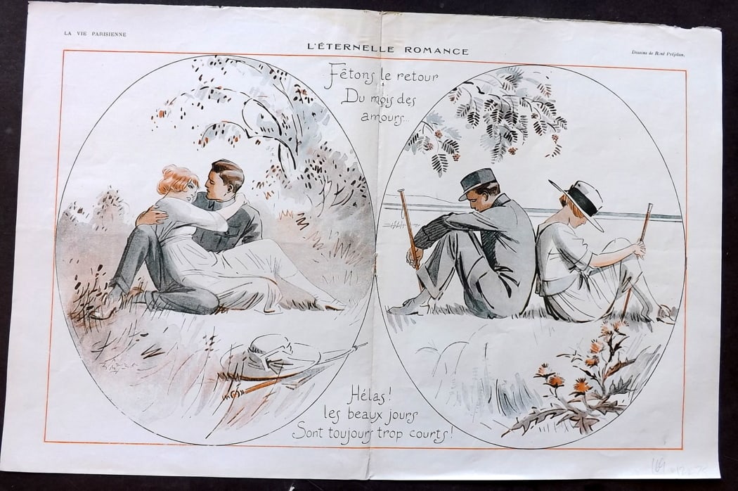 La Vie Parisienne 1919 Art Deco Double Print. L'Eternelle Romance by Prejelan: Lithographs Published 1863-1970, Paris for "La Vie Parisienne" Illustrated by Lissac, Barbier, Vallet, Valee, Prejelan, Herouard, Fournier, Kuhn-Regnier, Georges L?onnec and others. Verso text, but no