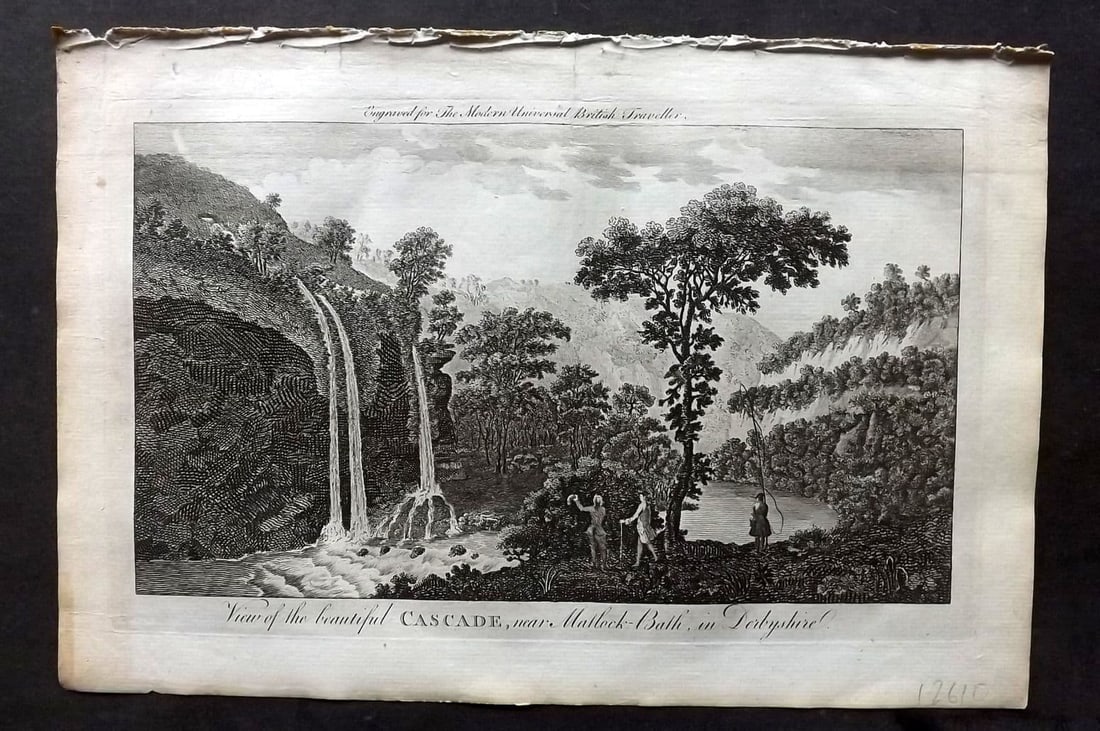 Burlington, Charles 1779 Folio Print. Beautiful Cascade near Matlock Bath in Derbyshire: Folio Copper Plate Published 1779 by J. Cooke, London for "The Modern Universal British Traveller or, a New, Complete, and Accurate tour Through England, Wales, Scotland, and the Neighbouring Islands"