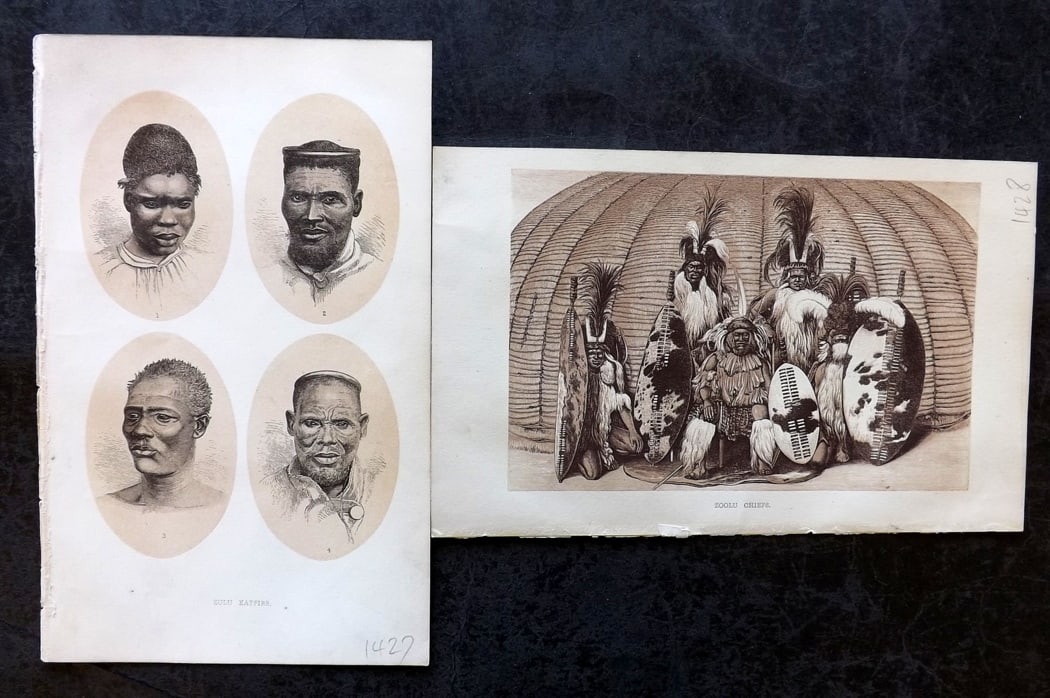 Intellectual Observer 1860's Pair of Prints. Zulus, Africa: Colour Printed Woodblock Published 1862-68, London for The Intellectual Observer" Paper Size: 8 x 5 inch (21 x 13cm) Good Condition