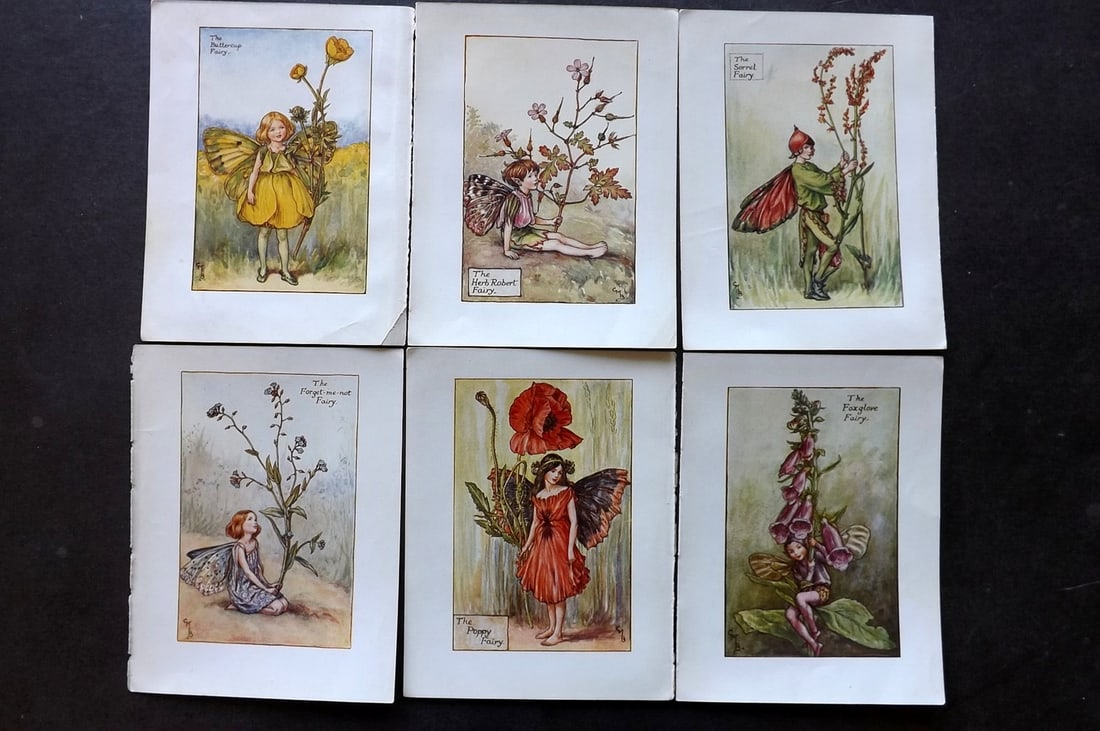 Barker, Cicely Mary C1940 Lot of 6 Flower-Fairy Prints - Summer Fairies: Lithographs Published C1935-45 by Blackie & Son, London & Glasgow for the "Flower-Fairies" Series by Cicely Mary Barker. Reverse side blank. Paper Size: 5.5 x 4 inch (14 x 10cm) Good Condition