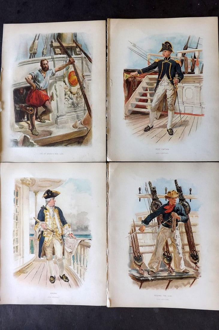 H.M. Navy 1893 Lot of 4 Antique Sailor Prints. Maritime: Chromolithograph Published 1889-1893 by J.S.Virtue & Co., London for "Her Majesty's Navy" By Lt. Charles Rathbone Low. Illustrated by W. Christian Symons and W. Fred Mitchell. Paper Size: 10.5 x 8 inc