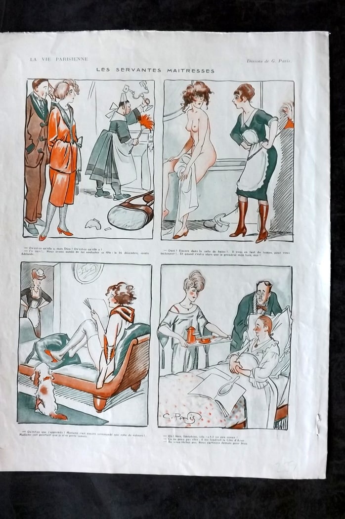 La Vie Parisienne 1921 Art Deco Print. Les Servantes Maitresses by Pavis: Lithographs Published 1928, Paris for "La Vie Parisienne" Illustrated by Lissac, Barbier, Vallet, Valee, Prejelan, Herouard, Fournier, Kuhn-Regnier, Georges L?onnec and others. Verso text, but none sh