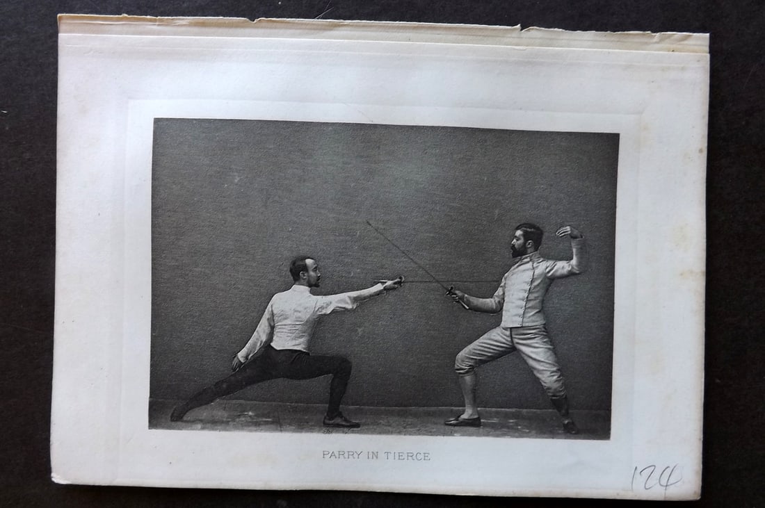 Badminton Library 1889 Antique Sword Fencing Print. Parry in Tierce.: Antique Photogravure Published 1889, London for "The Badminton Library of Sports and Pastimes..." by Walter H. Pollock, E. B. Michell, and Walter Armstrong. Paper Size: 7.5 x 5 inch (19 x 13cm) Ink li
