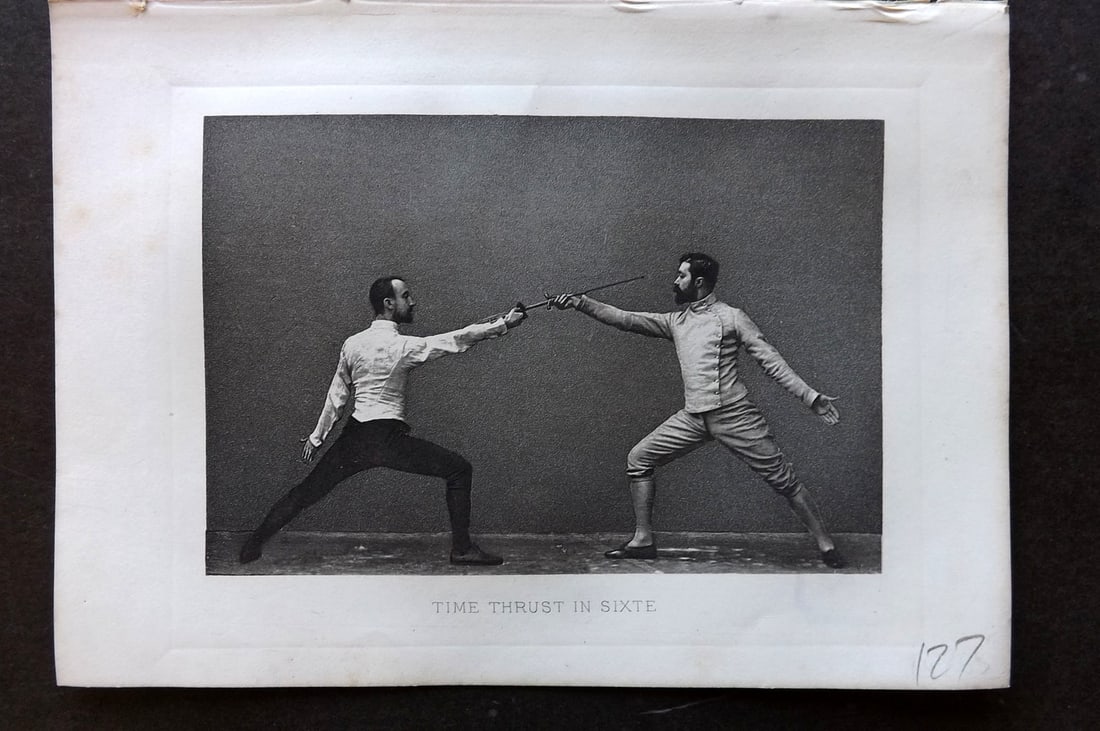 Badminton Library 1889 Antique Sword Fencing Print. Time Thrust in Sixte. (1 of 1)