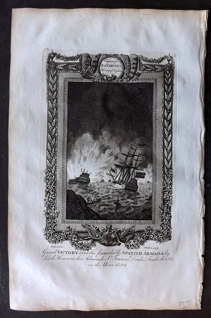 Raymond, George 1787 Folio Ship Print. Victory over Spanish Armada, Francis Drake 1588 (1 of 1)