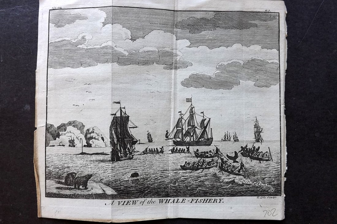 Newbery & Carnan (Pub) 1768 Antique Print. A Whale Fisery, Ships: Copper Plate Published 1767-68 by Newbery and Carnan, London for "The Wonders of Nature and Art?" Paper Size: 7.5 x 6.5 inch (19 x 17cm) Folds as issued. Good Condition