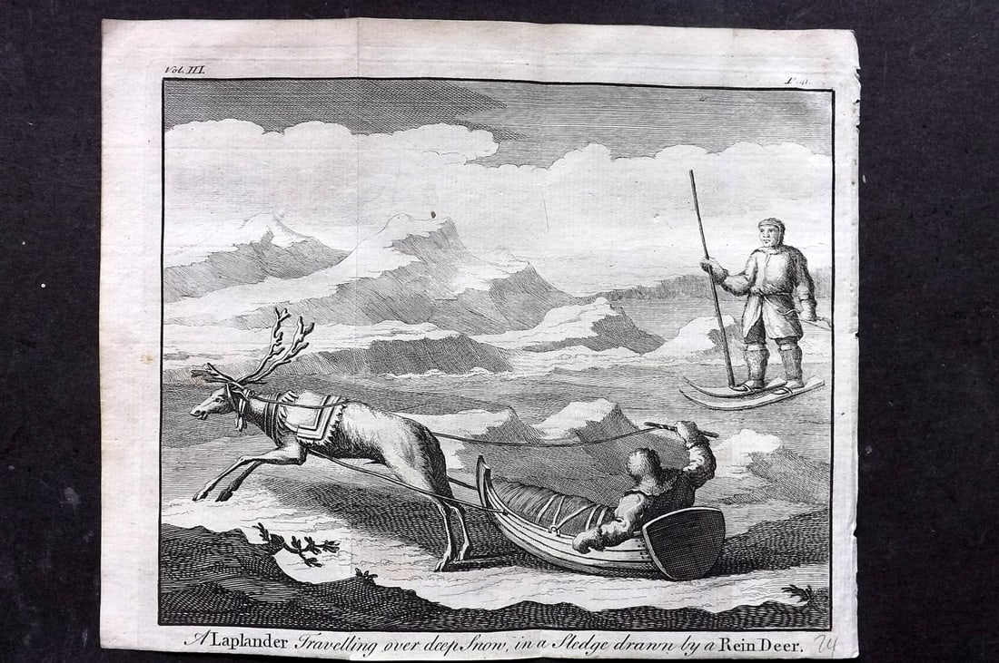 Newbery & Carnan (Pub) 1768 Antique Print. Lapland - Travelling over deep snow. Reindeer: Copper Plate Published 1767-68 by Newbery and Carnan, London for "The Wonders of Nature and Art?" Folds as issued. Paper Size: 8.5 x 6.5 inch (22 x 17cm) Good Condition