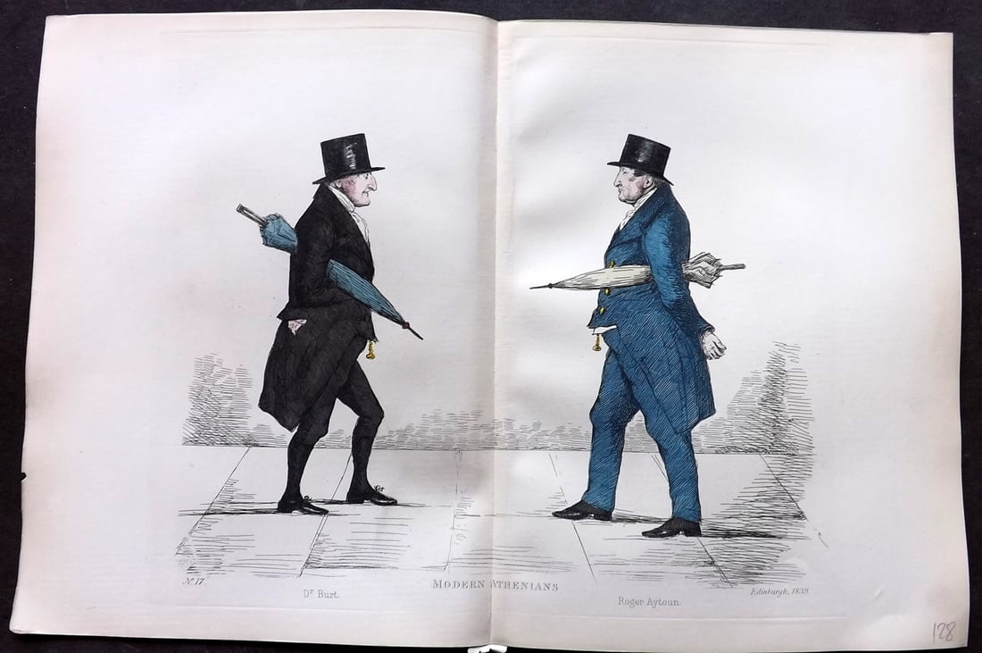 Crombie, Benjamin 1882 Folio HCol Scottish Caricature Portrait. Dr. Burt & Roger Aytoun 17: Hand Colored Etching Published 1882, Edinburgh for "Modern Athenians A Series of Original Portraits of Memorable Citizens of Edinburgh" Drawn and Etched by Benjamin W. Crombie between 1837-47. Centre