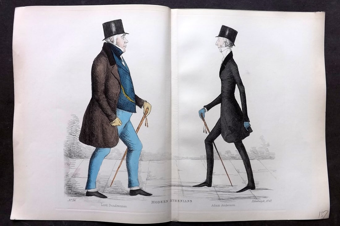 Crombie, Benjamin 1882 Folio HCol Scottish Caricature Portrait. Lord Dundrennan & Adam Anderson 26: Hand Colored Etching Published 1882, Edinburgh for "Modern Athenians A Series of Original Portraits of Memorable Citizens of Edinburgh" Drawn and Etched by Benjamin W. Crombie between 1837-47. Centre