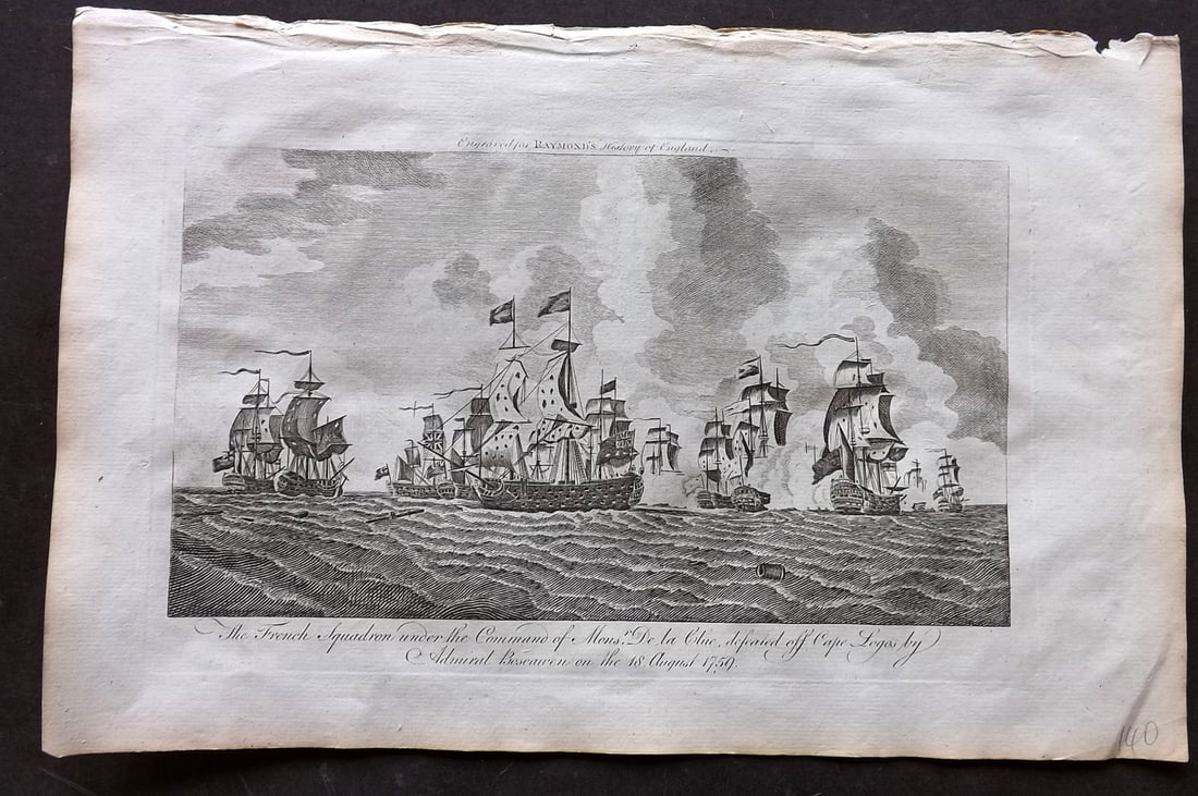 Raymond, George 1787 Folio Ship Print. French Squadron defeated of Cape Lago, Portugal 1759: Folio Copper Plate Published 1787, London for "A New, Universal and Impartial History of England" also titled "Raymond's History of England" by George Frederick Raymond. Paper Size: 14 x 9 inch (36 x 