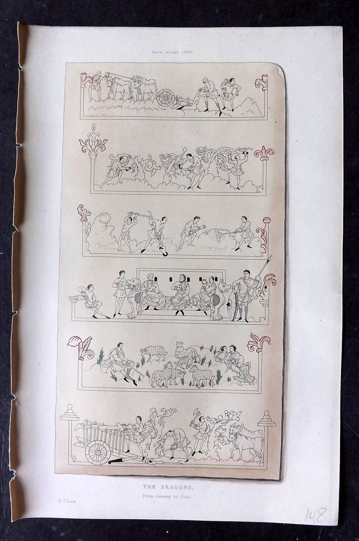 Shaw, Henry 1843 Hand Col Print. The Seasons from January to June, about 1050: Hand Colored Aquatint Published 1843 London for "Dresses and Decorations of the Middle Ages" by Henry Shaw. Paper Size: 11 x 7 inch (28 x 18cm) Good Condition