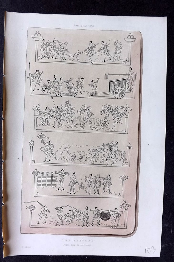 Shaw, Henry 1843 Hand Col Print. The Seasons from July to December, about 1050: Hand Colored Aquatint Published 1843 London for "Dresses and Decorations of the Middle Ages" by Henry Shaw. Paper Size: 11 x 7 inch (28 x 18cm) Good Condition
