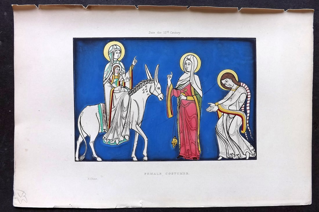 Shaw, Henry 1843 Fine Hand Col Print. Female Costumes. 12th Century (1 of 1)