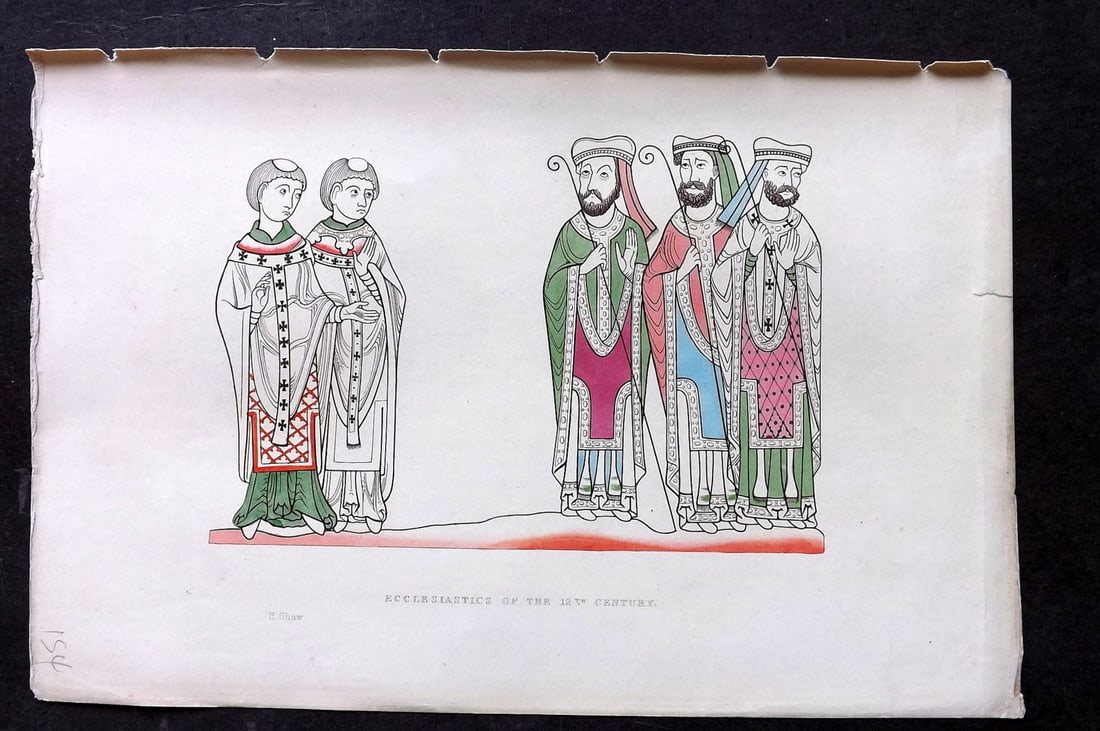 Shaw, Henry 1843 Hand Col Print. Ecclesiastics of the 12th century: Hand Colored Aquatint Published 1843 London for "Dresses and Decorations of the Middle Ages" by Henry Shaw. Paper Size: 11 x 7 inch (28 x 18cm) Small right margin tear. Good Condition