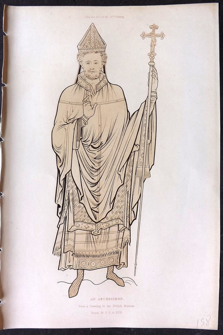 Shaw, Henry 1843 Hand Col Print. An Archbishop. 12th Century: Hand Colored Aquatint Published 1843 London for "Dresses and Decorations of the Middle Ages" by Henry Shaw. Paper Size: 11 x 7 inch (28 x 18cm) Good Condition