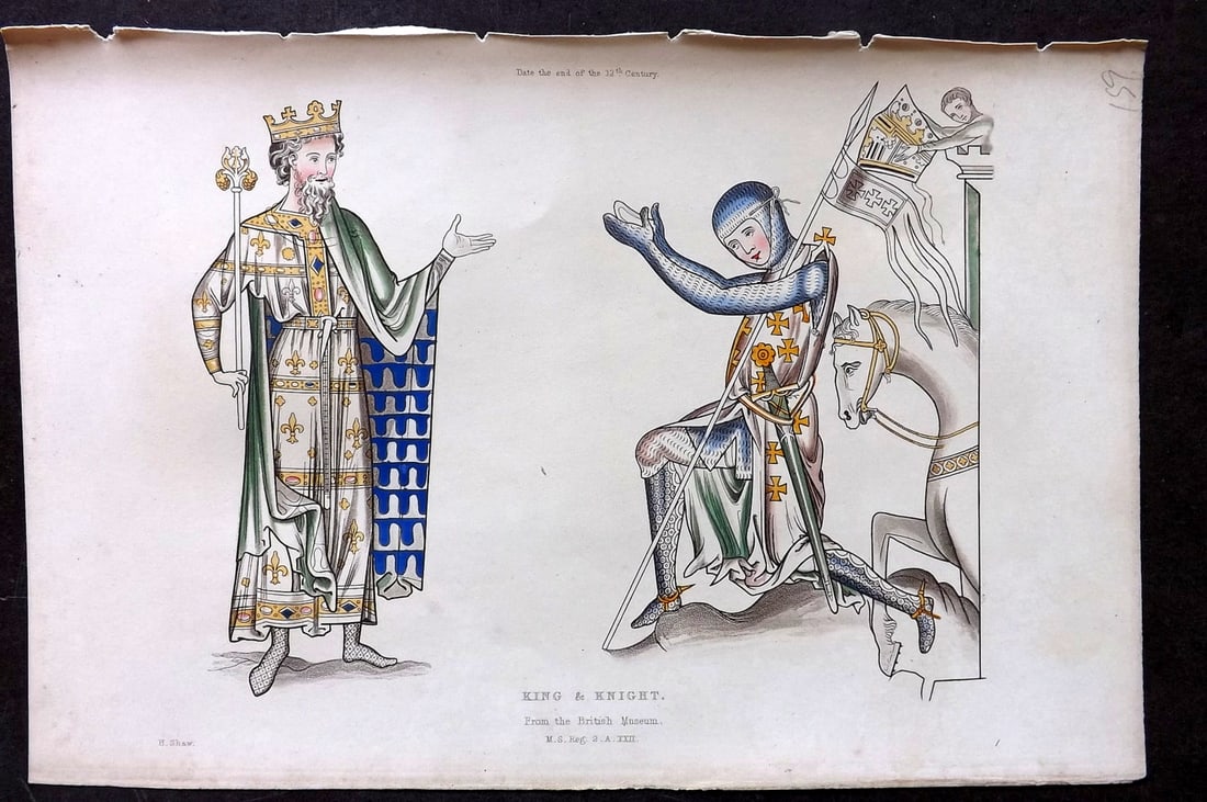 Shaw, Henry 1843 Hand Col Print. King & Knight's Templar. 12th Century (1 of 1)