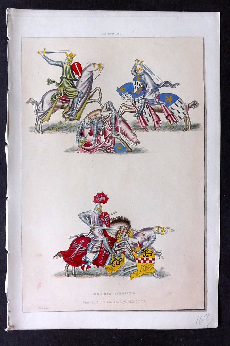 Shaw, Henry 1843 Hand Col Print. Knights Fighting. About 1260 (1 of 1)