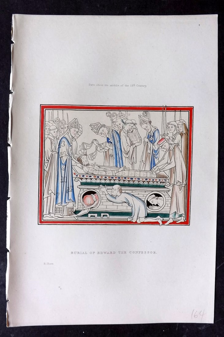 Shaw, Henry 1843 Hand Col Print. Burial of Edward the Confessor: Hand Colored Aquatint Published 1843 London for "Dresses and Decorations of the Middle Ages" by Henry Shaw. Paper Size: 11 x 7 inch (28 x 18cm) Good Condition