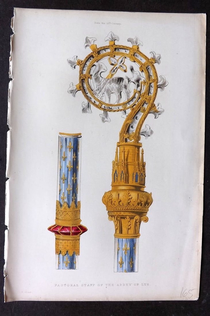 Shaw, Henry 1843 Hand Col Print. Pastoral Staff of the Abbey of Lys (1 of 1)