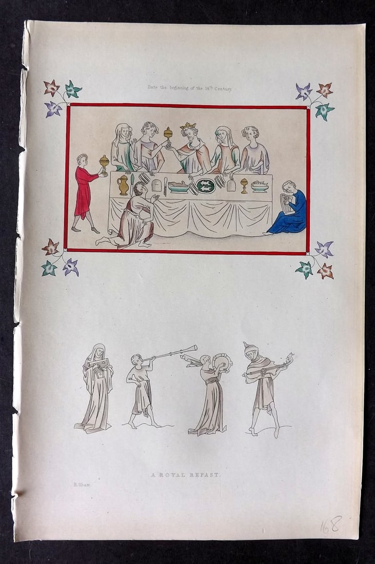 Shaw, Henry 1843 Hand Col Print. A Royal Repast: Hand Colored Aquatint Published 1843 London for "Dresses and Decorations of the Middle Ages" by Henry Shaw. Paper Size: 11 x 7 inch (28 x 18cm) Good Condition
