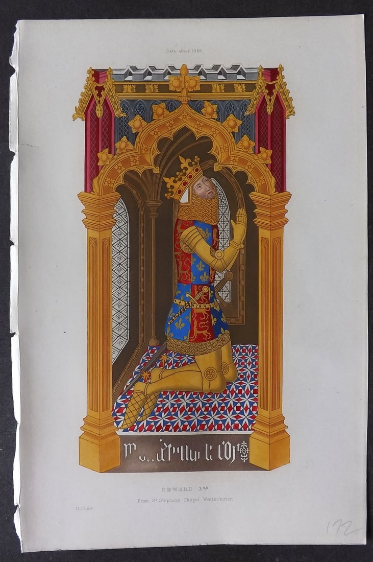 Shaw, Henry 1843 Fine Hand Col Print. Edward 3d from St. Stephen's Chapel, Westminster (1 of 1)