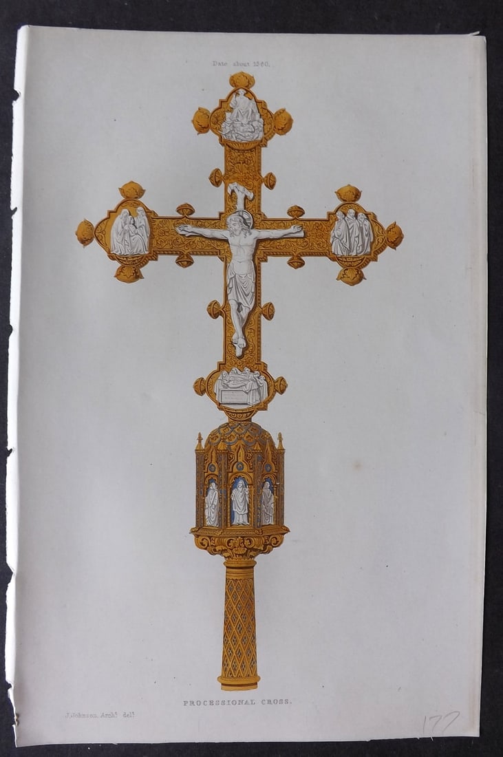 Shaw, Henry 1843 Hand Col Print. Processional Cross about 1360 (1 of 1)