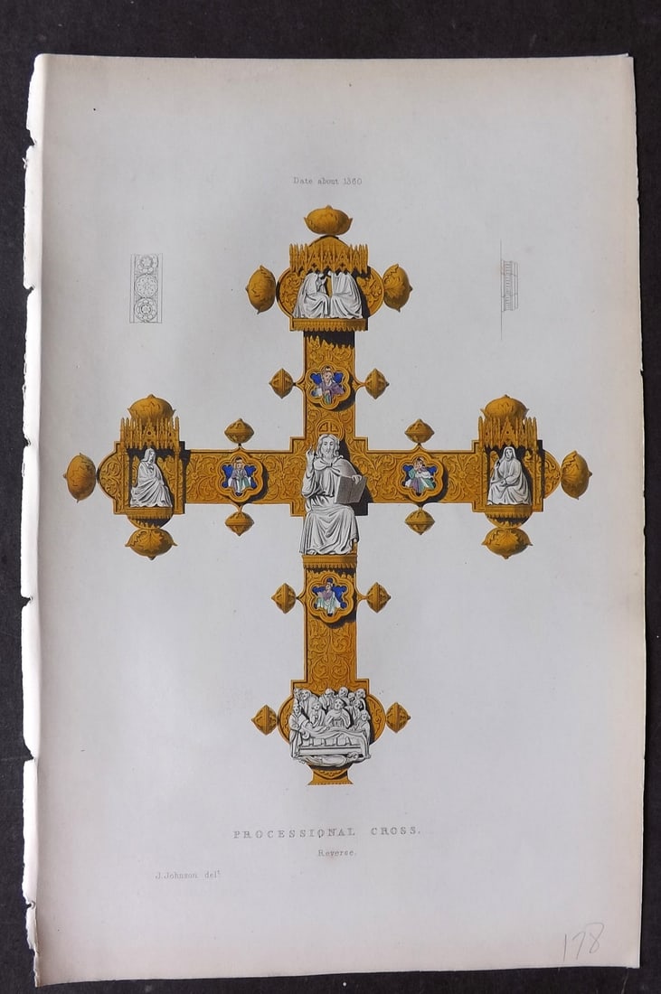 Shaw, Henry 1843 Hand Col Print. Processional Cross about 1360: Hand Colored Aquatint Published 1843 London for "Dresses and Decorations of the Middle Ages" by Henry Shaw. Paper Size: 11 x 7 inch (28 x 18cm) Good Condition