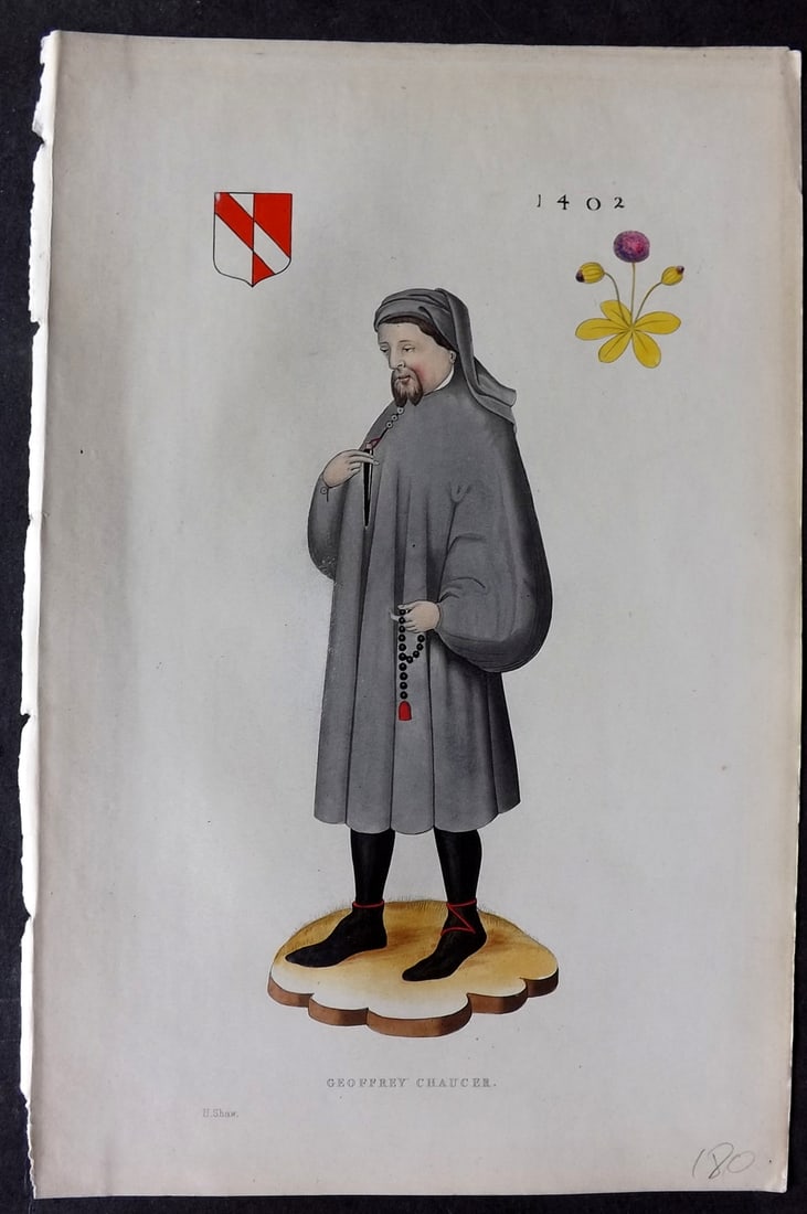 Shaw, Henry 1843 Hand Col Print. Geoffrey Chaucer: Hand Colored Aquatint Published 1843 London for "Dresses and Decorations of the Middle Ages" by Henry Shaw. Paper Size: 11 x 7 inch (28 x 18cm) Good Condition