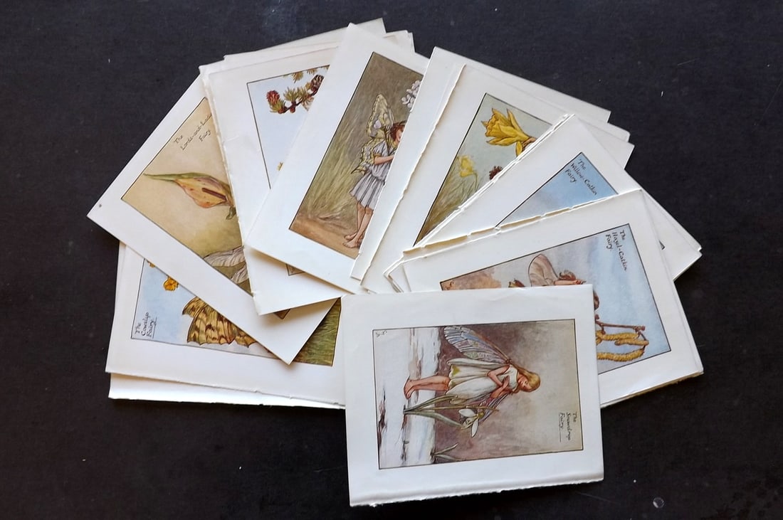 Barker, Cicely Mary C1940 Lot of 24 Flower-Fairy Prints - Spring: Vintage Lithograph Published C1935-45 by Blackie & Son, London & Glasgow for the "Flower-Fairies" Series by Cicely Mary Barker. Reverse side blank. Paper Size: 5.5 x 4 inch (14 x 10cm) Good Condition