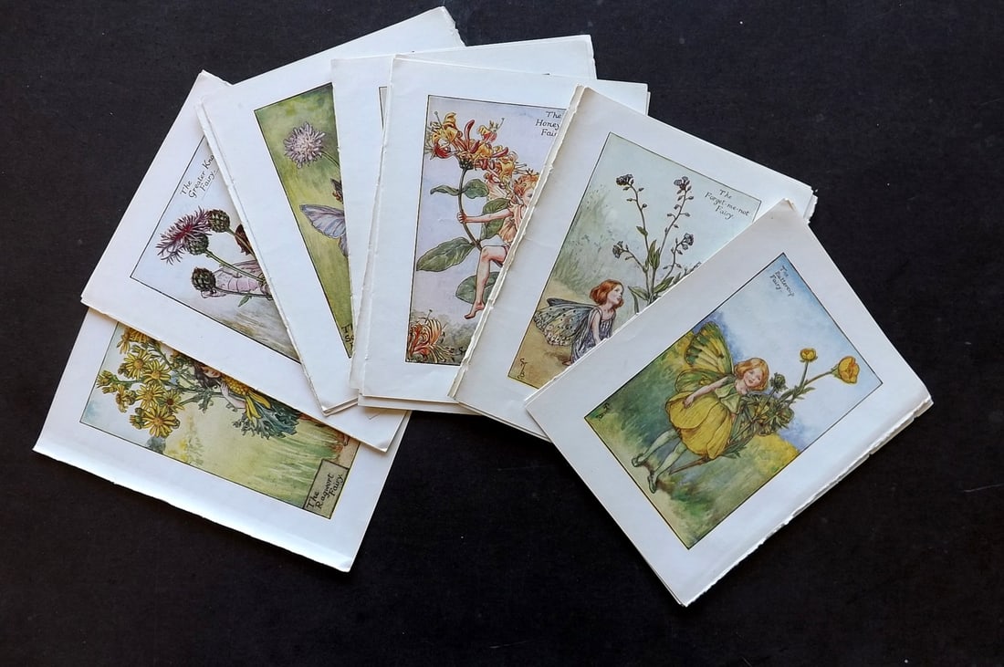 Barker, Cicely Mary C1940 Lot of 24 Flower-Fairy Prints - Summer: Vintage Lithograph Published C1935-45 by Blackie & Son, London & Glasgow for the "Flower-Fairies" Series by Cicely Mary Barker. Reverse side blank. Paper Size: 5.5 x 4 inch (14 x 10cm) Good Condition