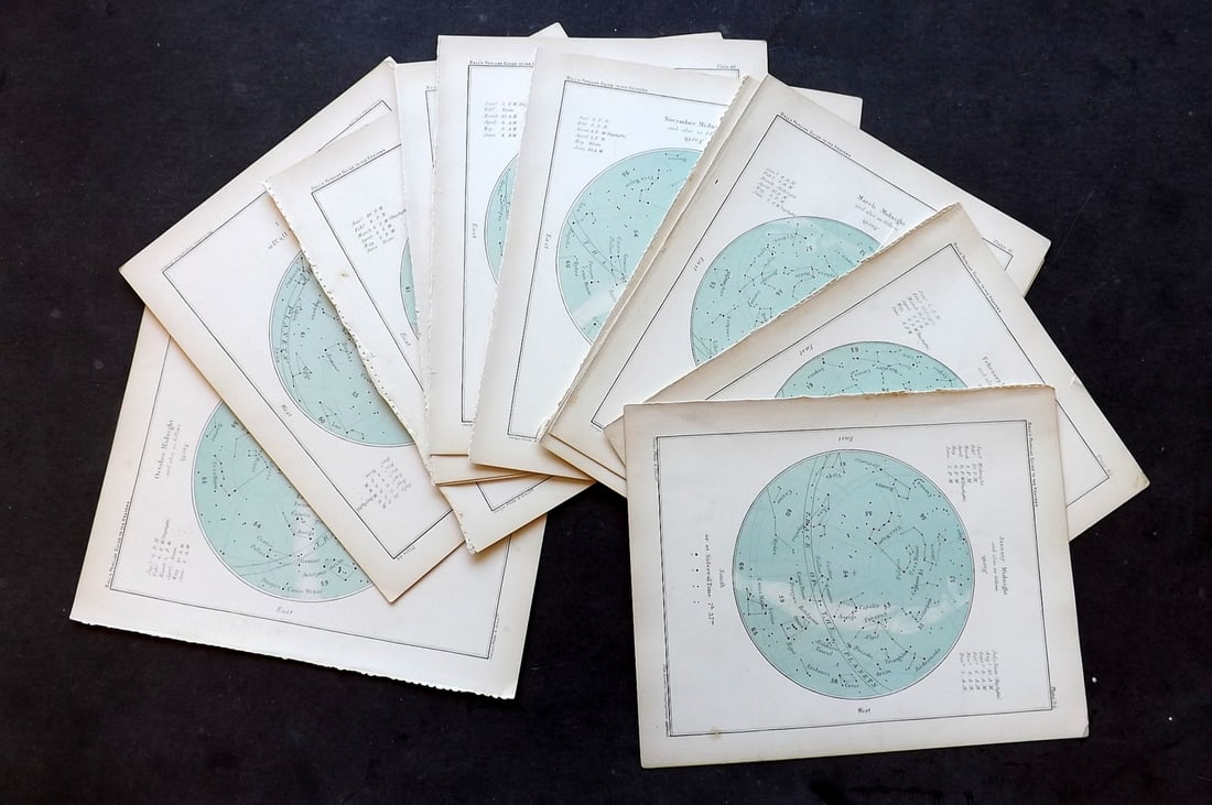 Ball, Robert 1910 Set of 12 Astronomy Prints. Monthly Sky Constellations (1 of 4)