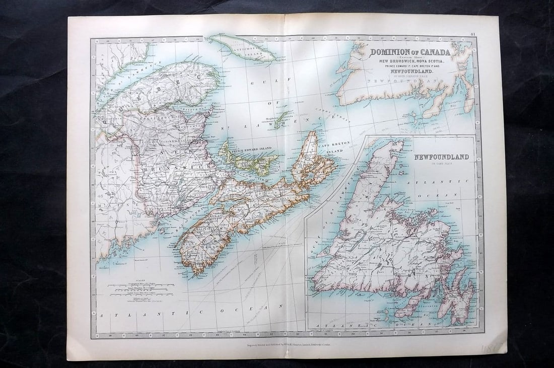 Johnston 1906 Map. Dominion of Canada. New Brunswick, Nova Scotia, Newfoundland: Antique Folio Steel Engraved Map Published 1906, Edinburgh & London for "The Handy Atlas of Modern Geography" by Alexander Keith Johnston and G. H. Johnston. Centre fold as published. Paper Size: 19 x